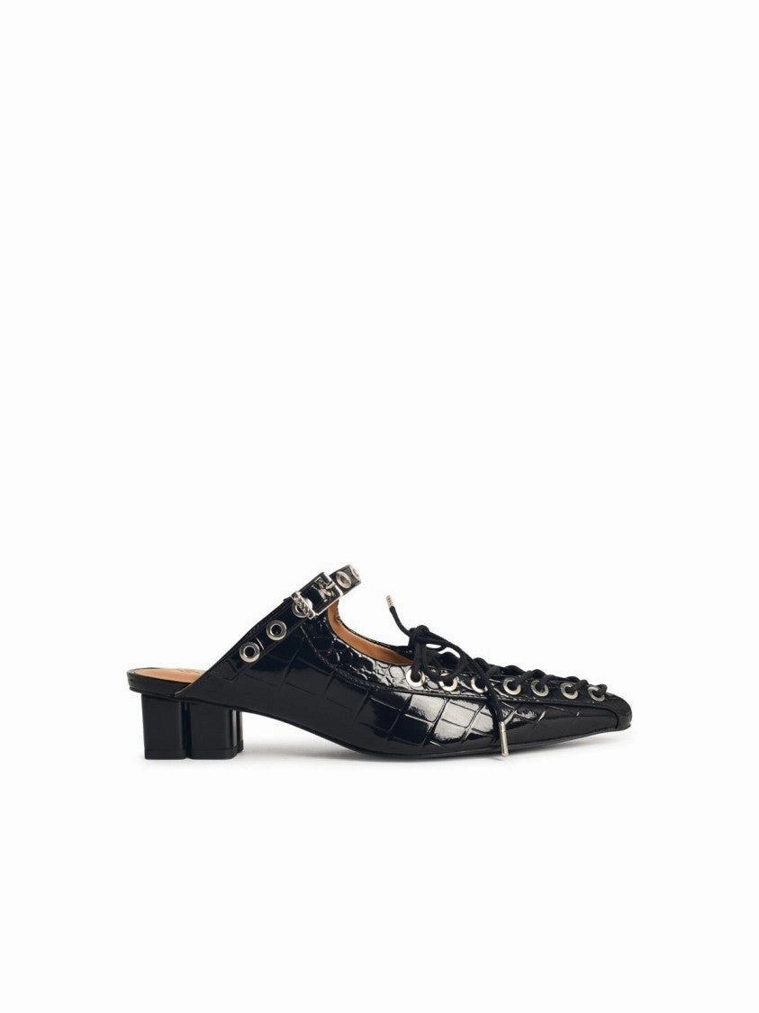 Comfortable For Walks Simple Step Footwear Mules With Laces In Black 'Oleatex'