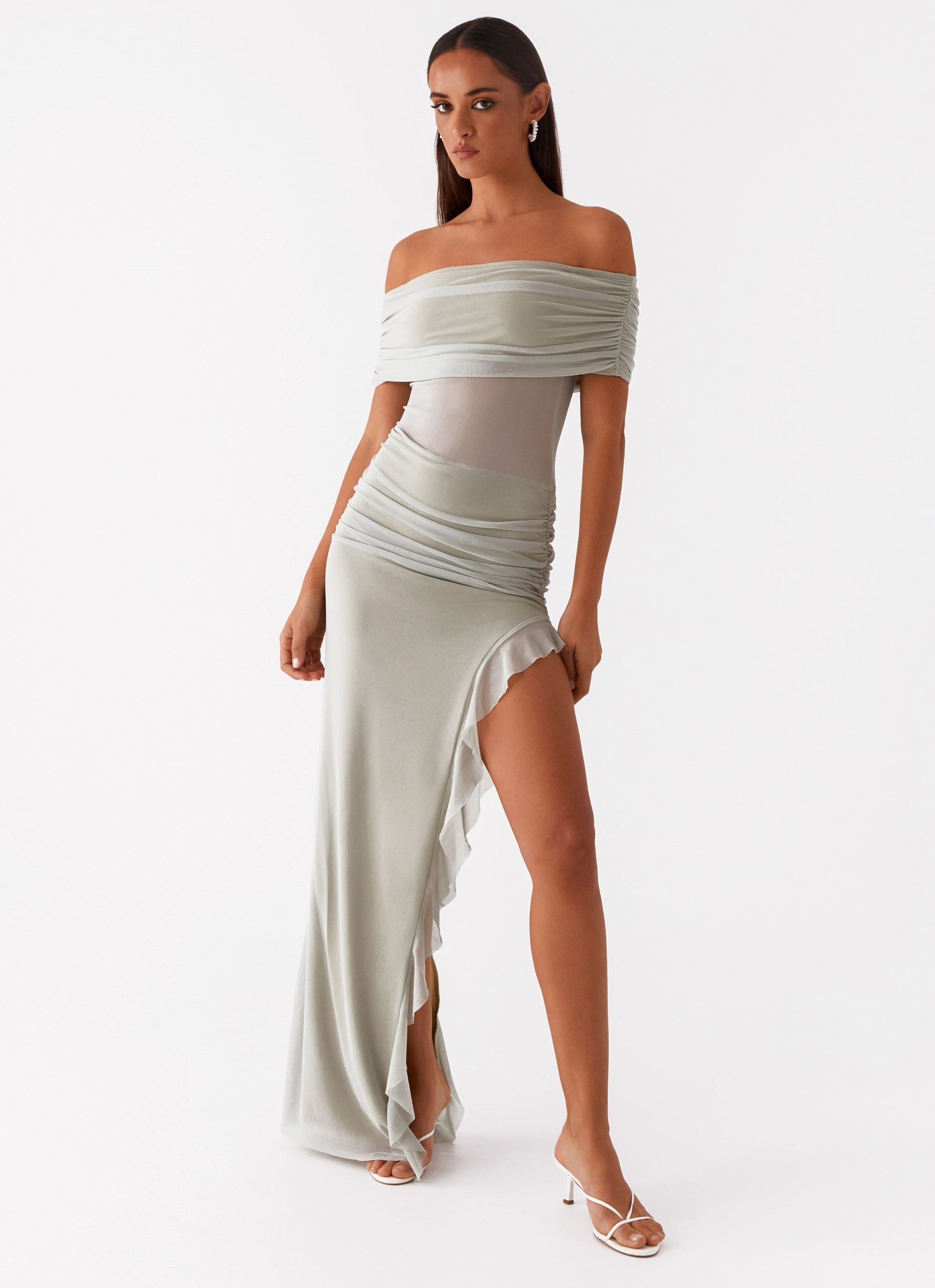 Sleek Drape Night Ready Nelly Off Shoulder Maxi Dress - Pistachio