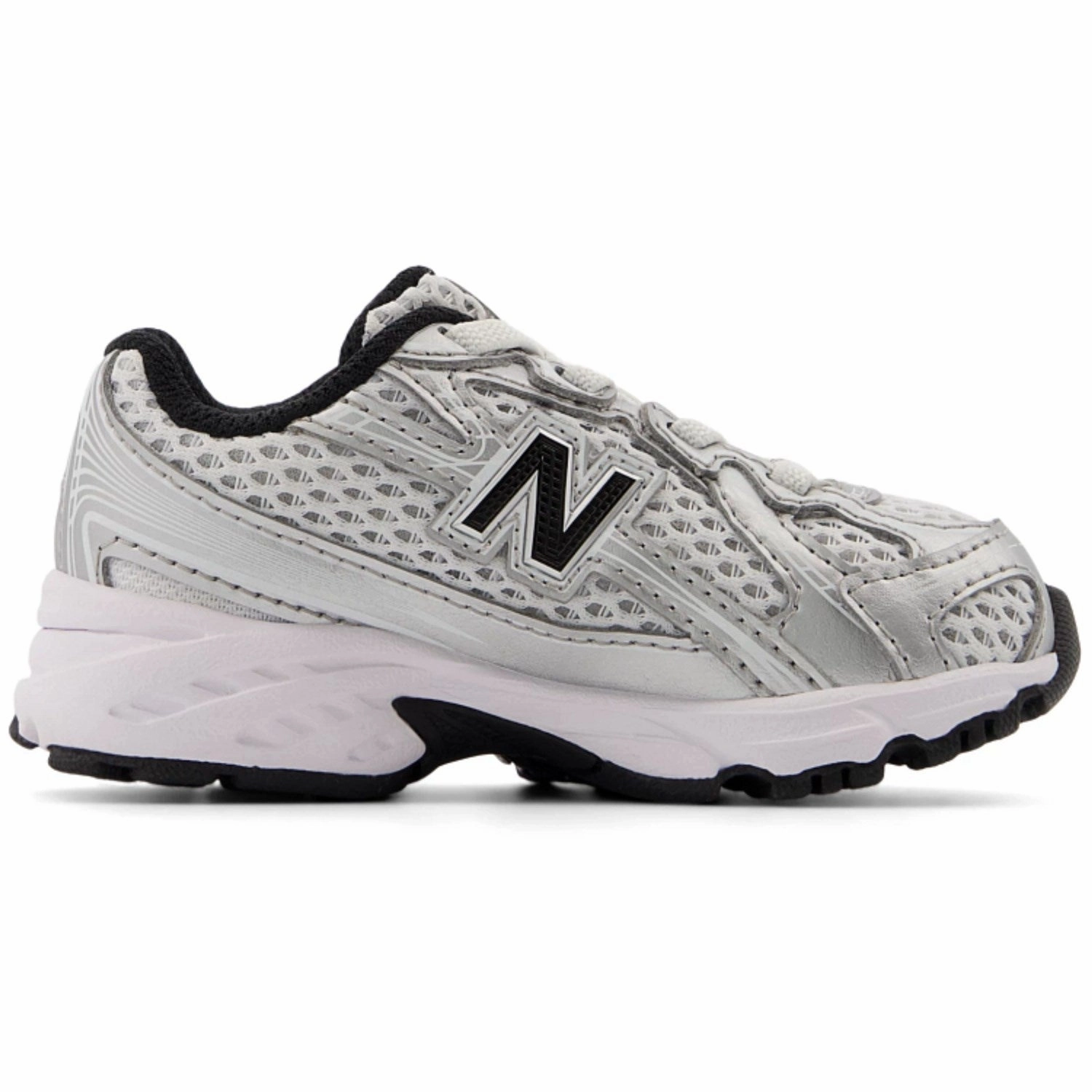 New Balance Silver Metallic 740 Kids Bungee Lace Sneakers Impact Resistant Heel Cup Stacked Cushioning