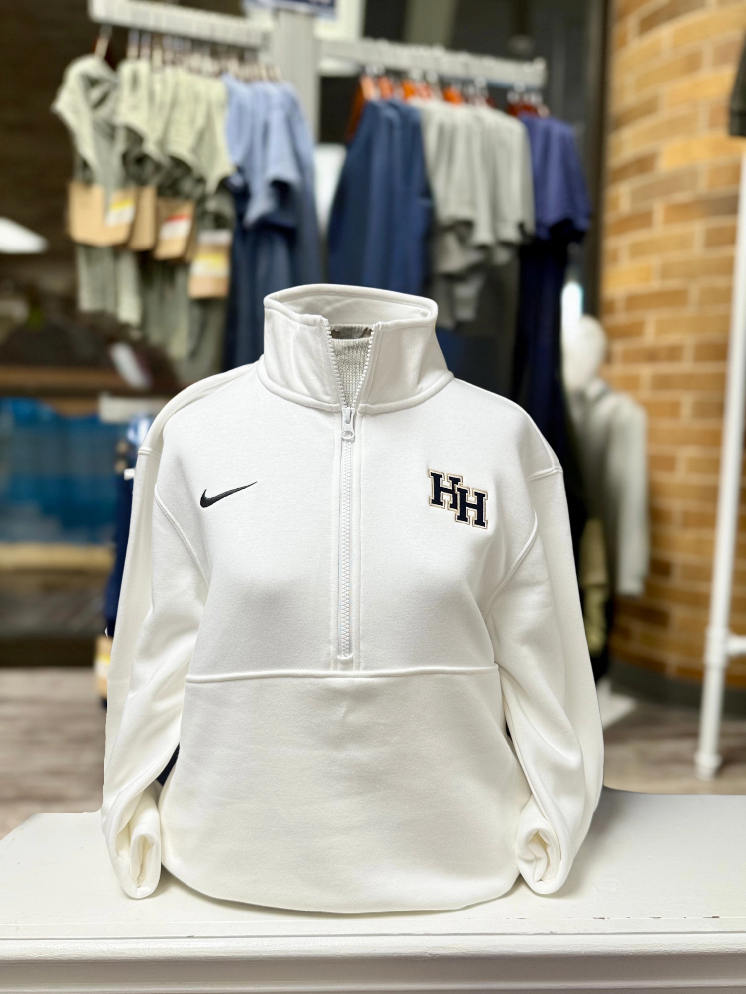 Nike Club Fleece 1/2 zip Sweatshirt, white, stacked Hs lanyard accents windproof