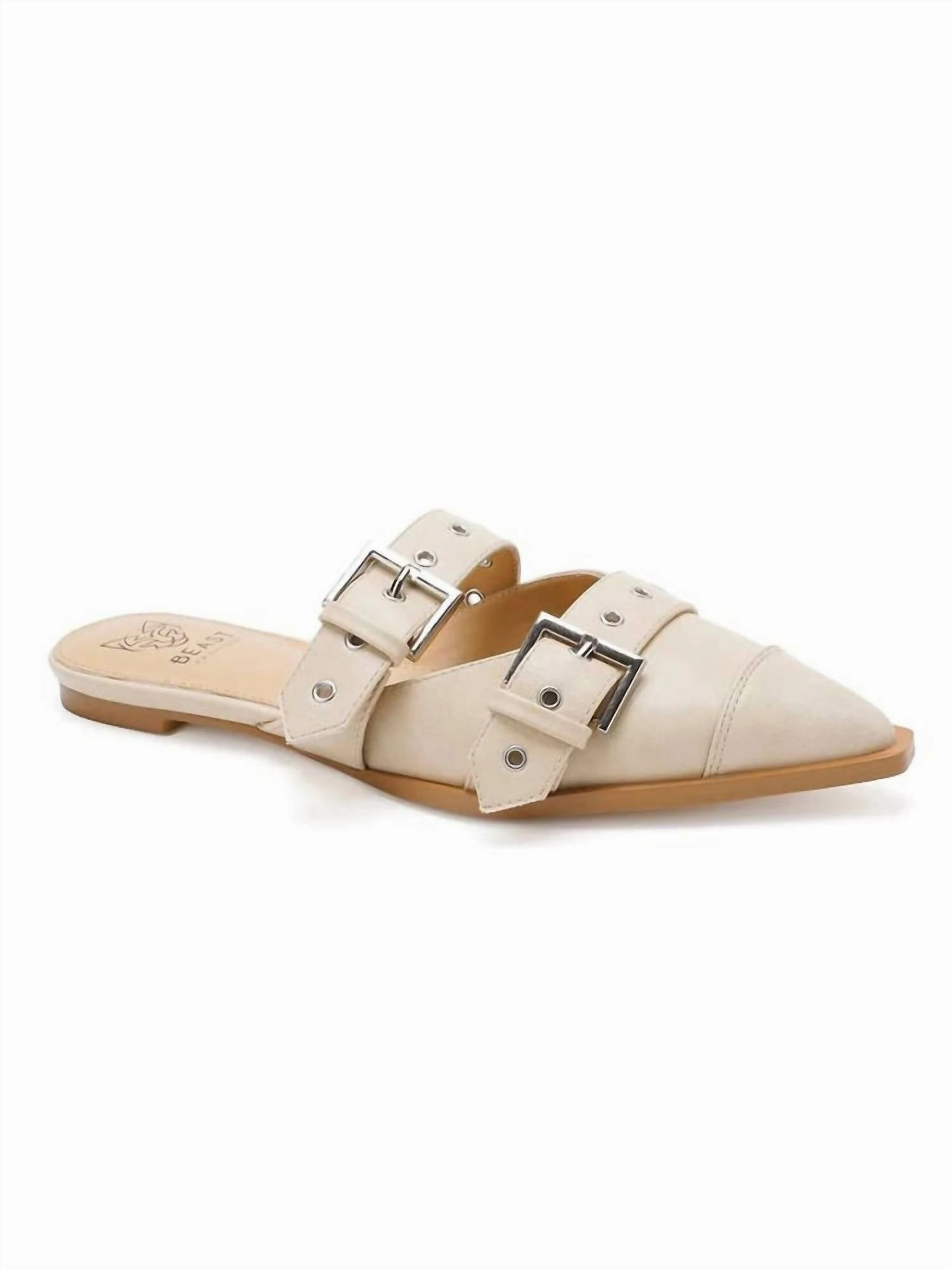Women's Double Buckle Strap Pointed Toe Flat Mules In Sand Superior Craftsmanship Seamless construction
