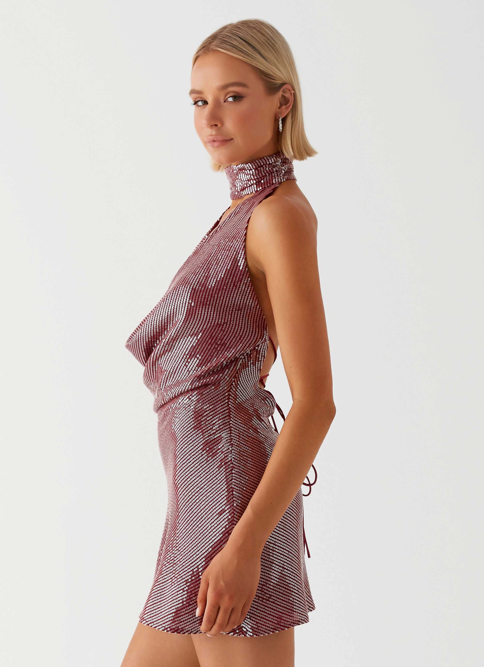 Nora Sequin Cowl Neck Mini Dress - Red Light Shape