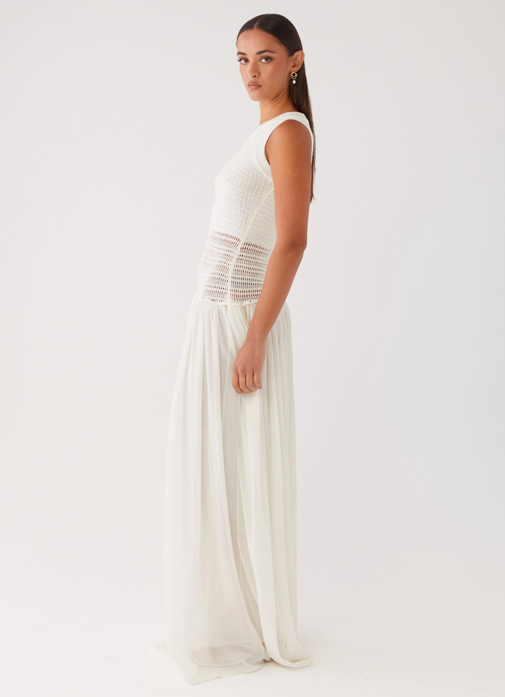 Off Grid Crochet Maxi Dress - White Fluid Fabric Chilly Day Wear