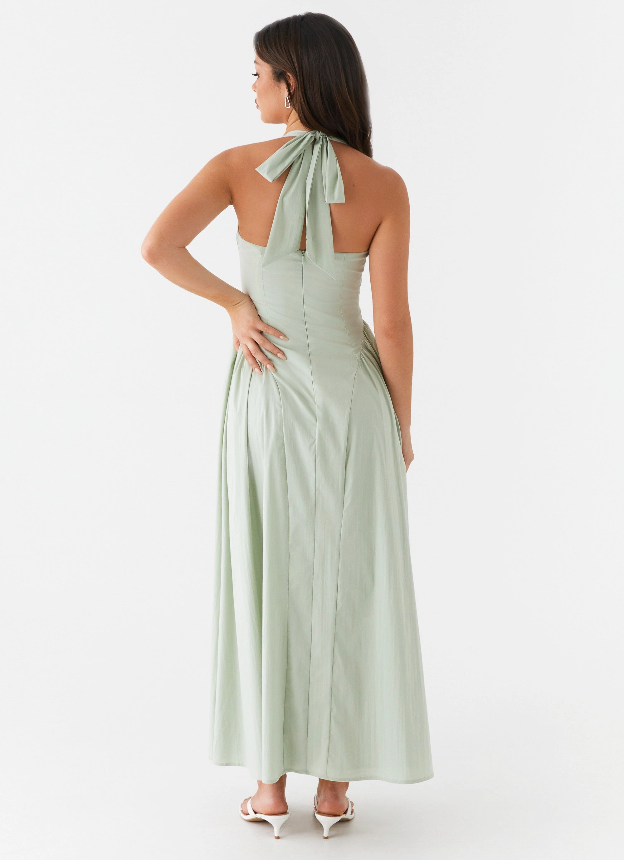 Olenna Halterneck Midi Dress - Sage AntiFrayEdging Elegance Glow