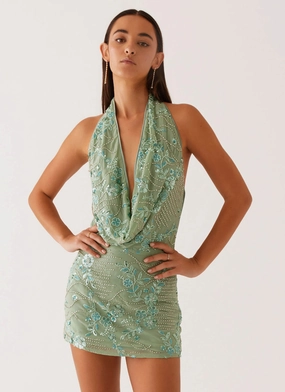 Olisa Cowl Neck Beaded Mini Dress - Mint Trendy Waist