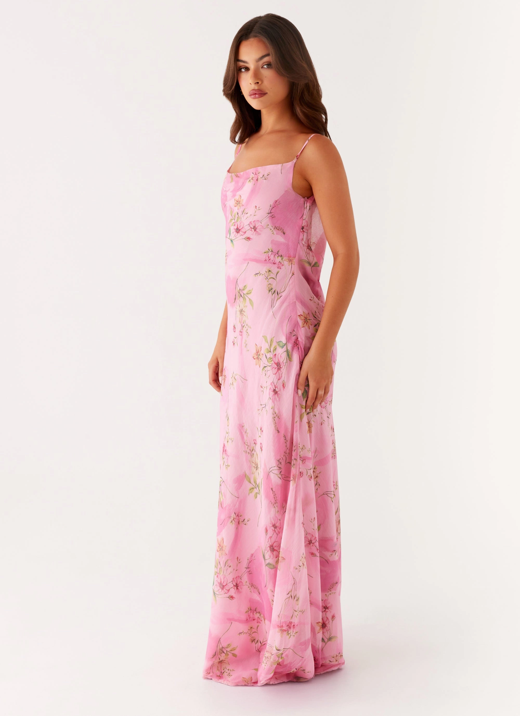 Draped Silhouette Functional Layer Orlando Maxi Dress - Pink Floral Print
