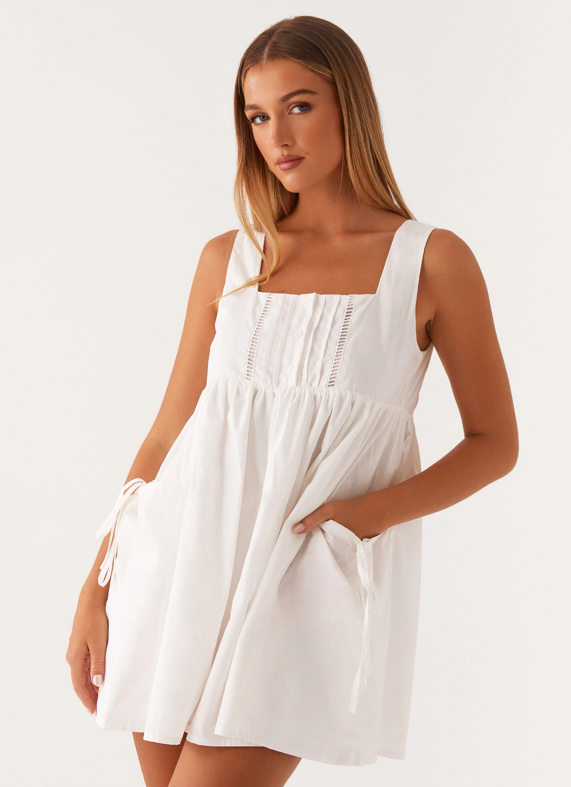 Ottoline Babydoll Mini Dress - White Side Ruching Neutral Base