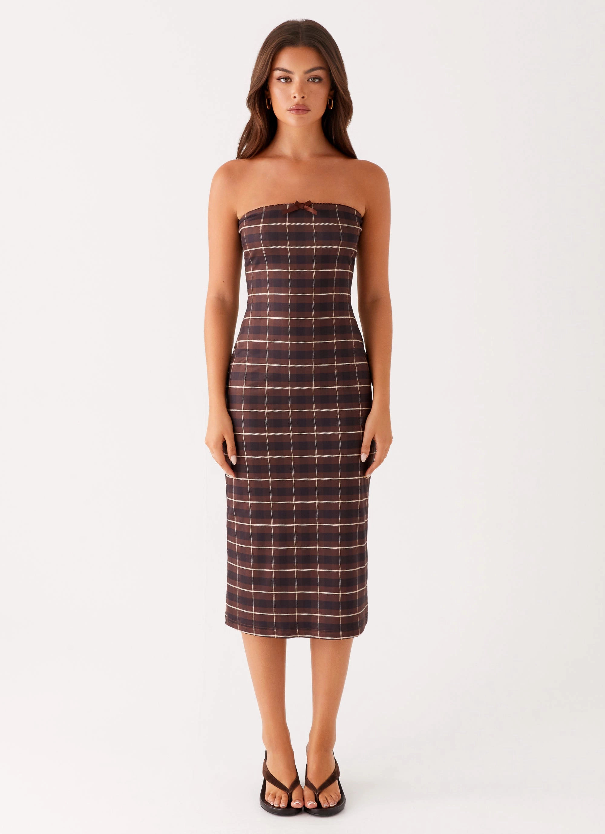 Subtle Stitch Capsule-Wardrobe Niko Strapless Midi Dress - Brown Black Check