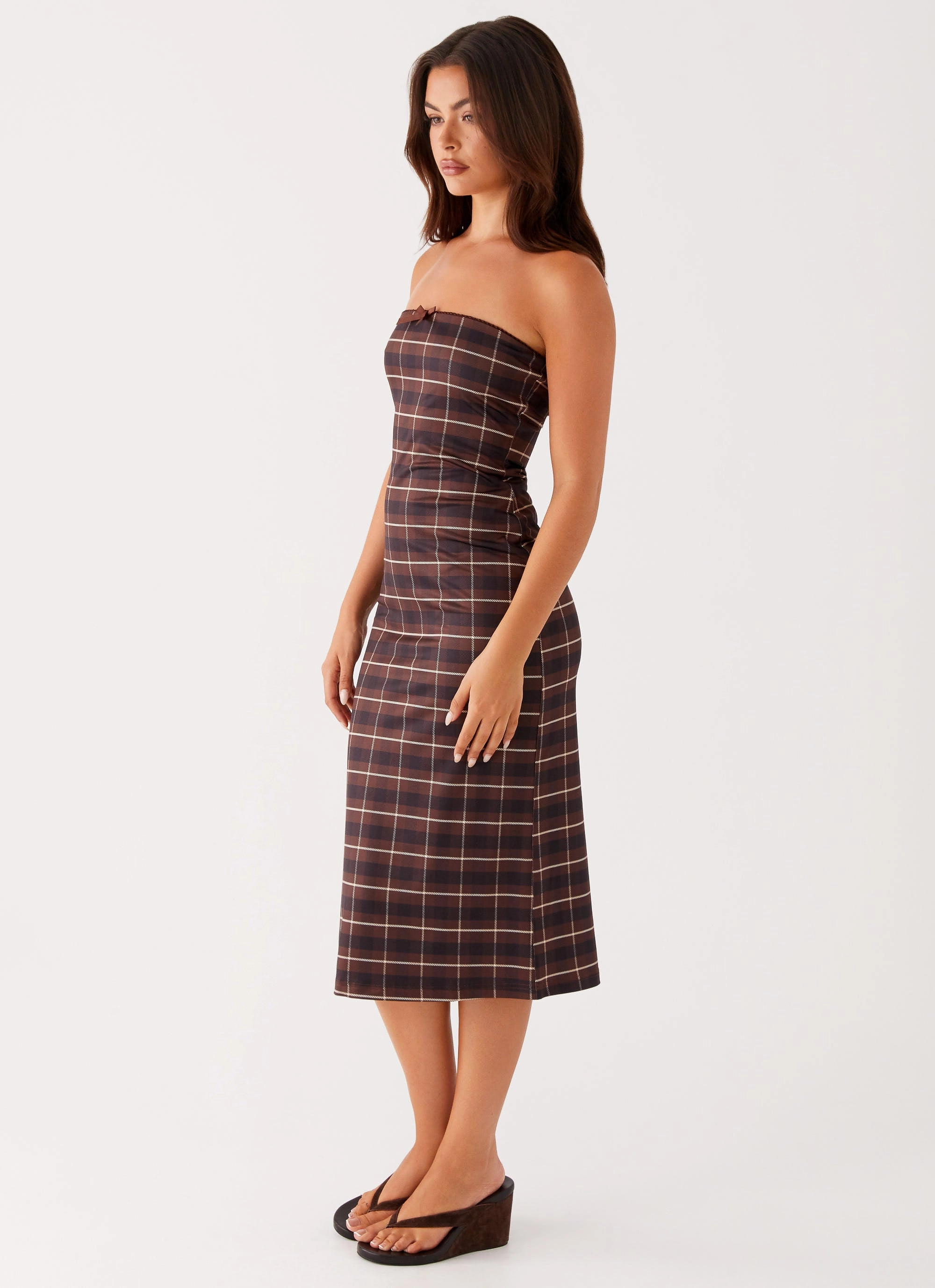 Minimal Motion Built-In-Slip Niko Strapless Midi Dress - Brown Black Check