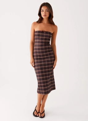 Summer-Season Neutral Tones Niko Strapless Midi Dress - Brown Black Check