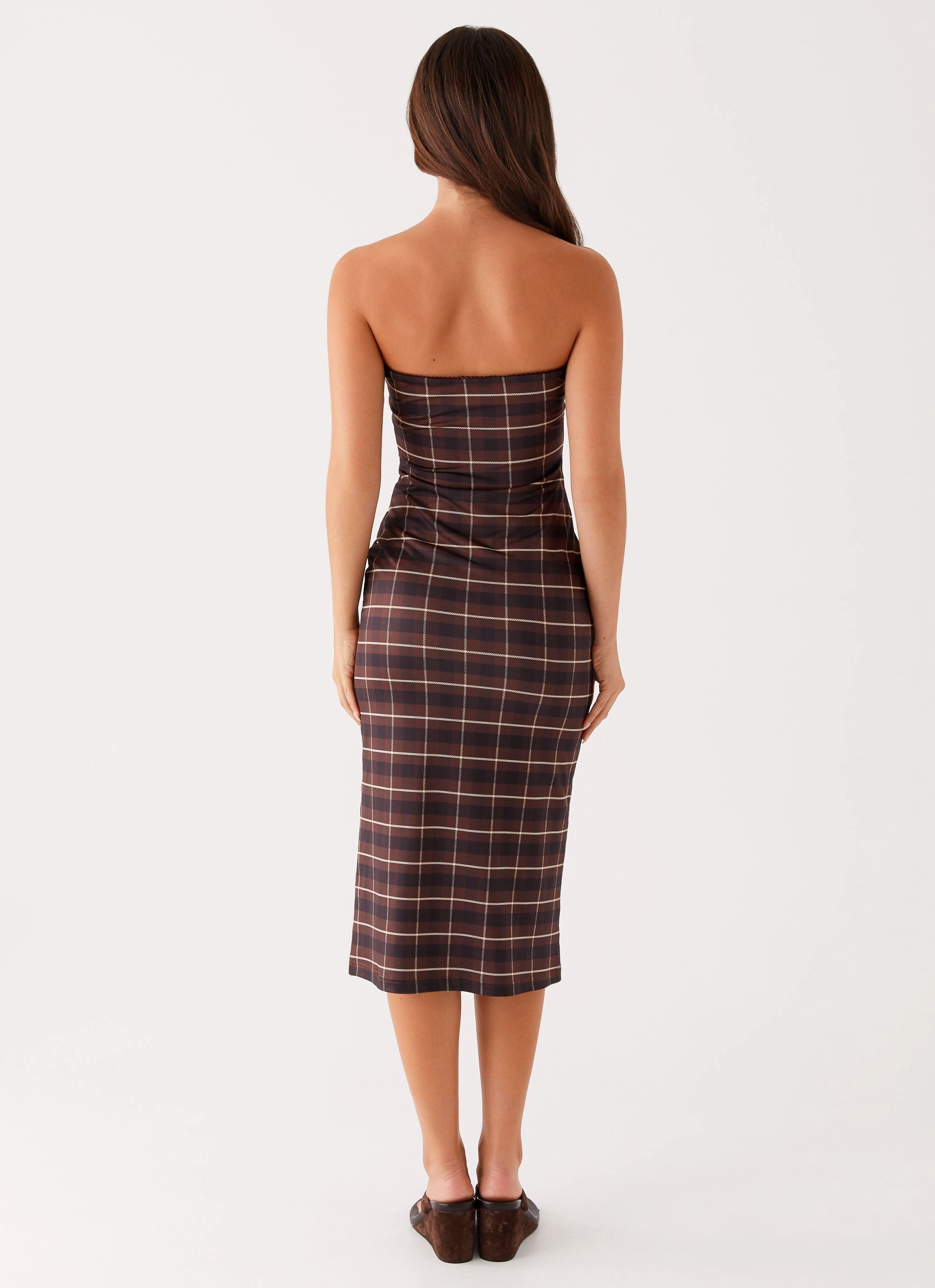 Basic Shape Breezy Comfort Niko Strapless Midi Dress - Brown Black Check