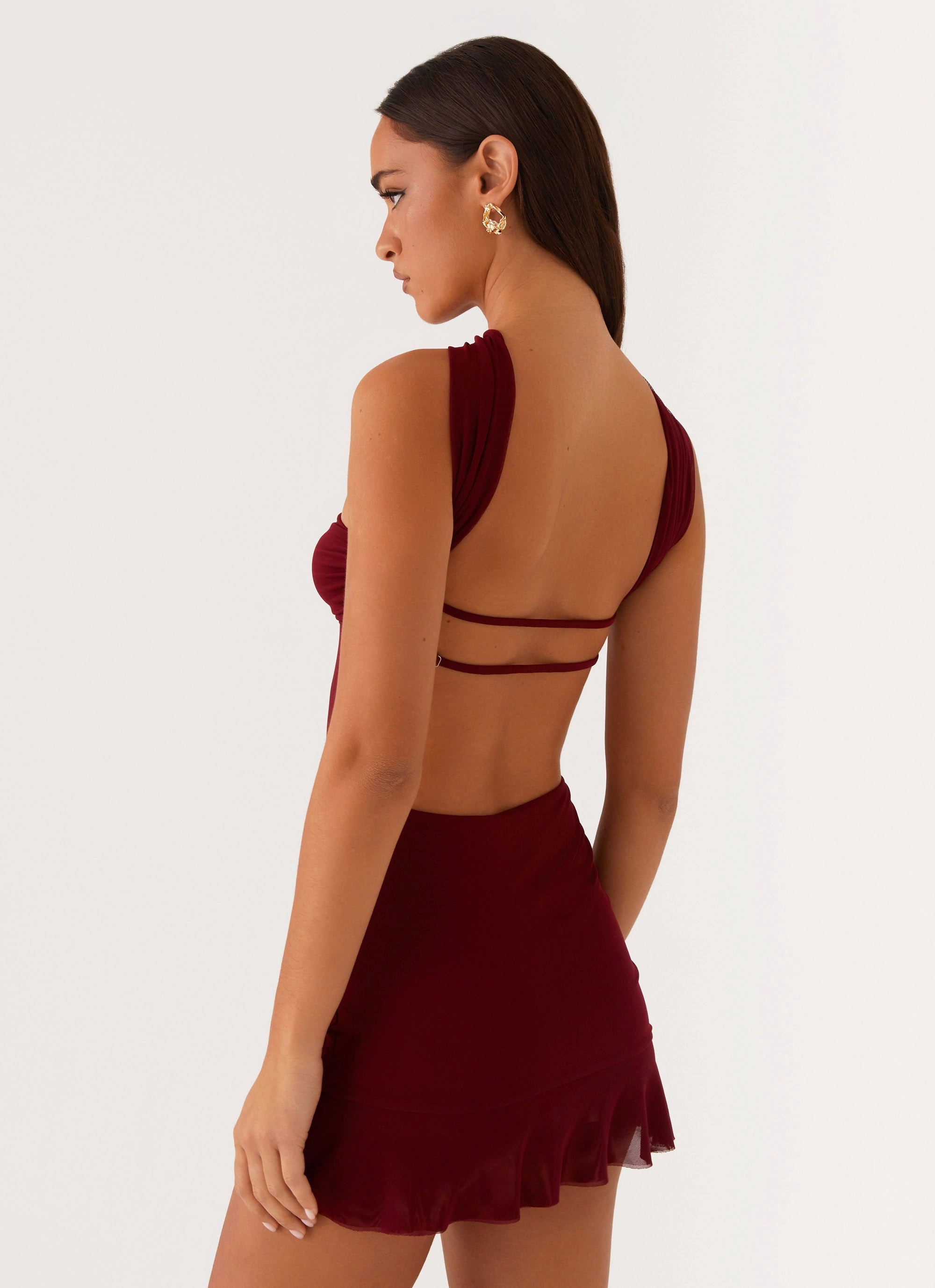 Pari Open Back Mini Dress - Mulberry Piped-Edge Jewel-Tone