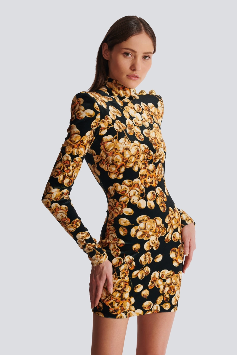 Grape Print Velvet Dress Elegant Waistband Sophisticated Tailoring