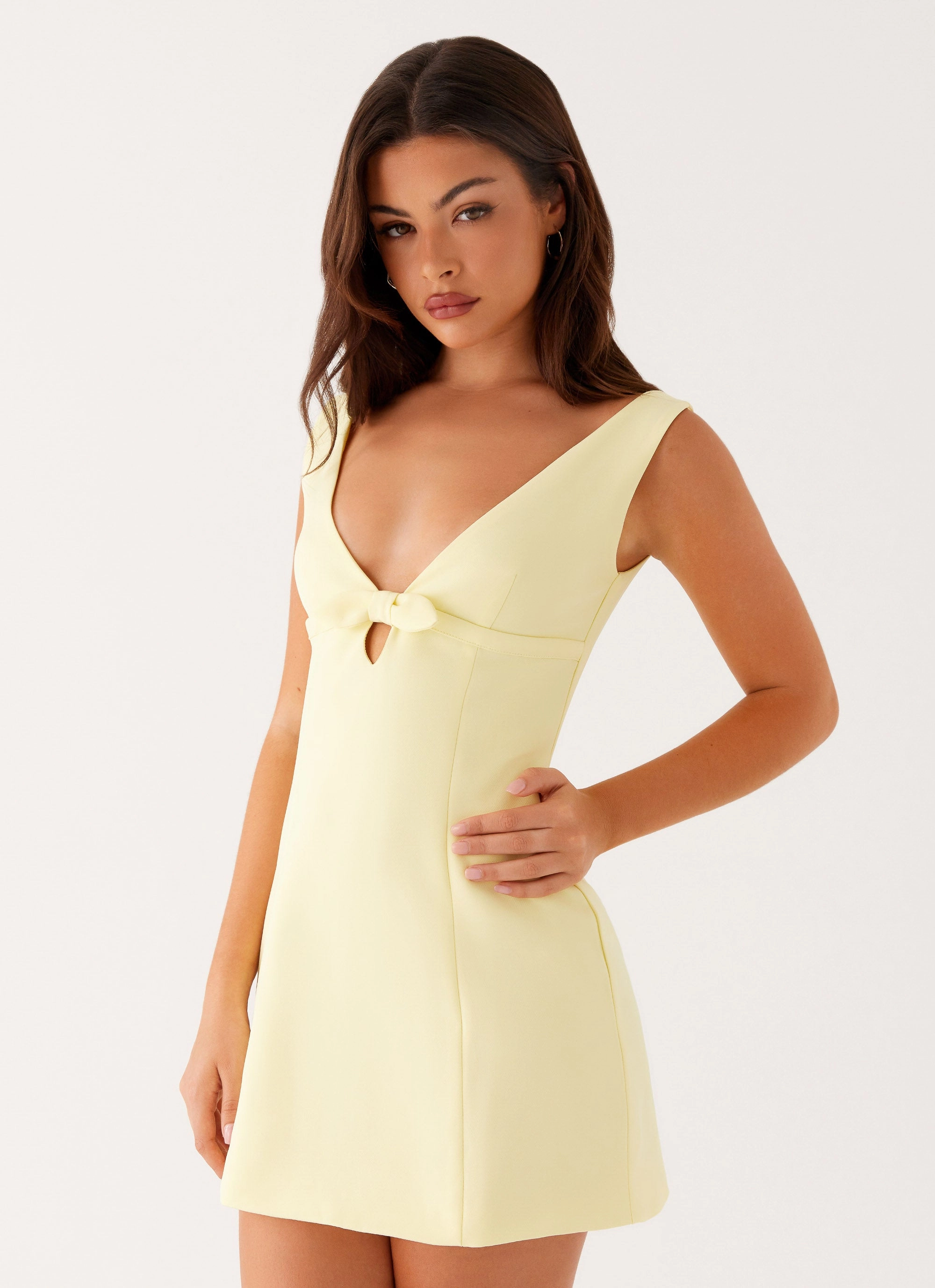 Caitlin Mini Dress - Yellow Slit Detail Luxe Fabric