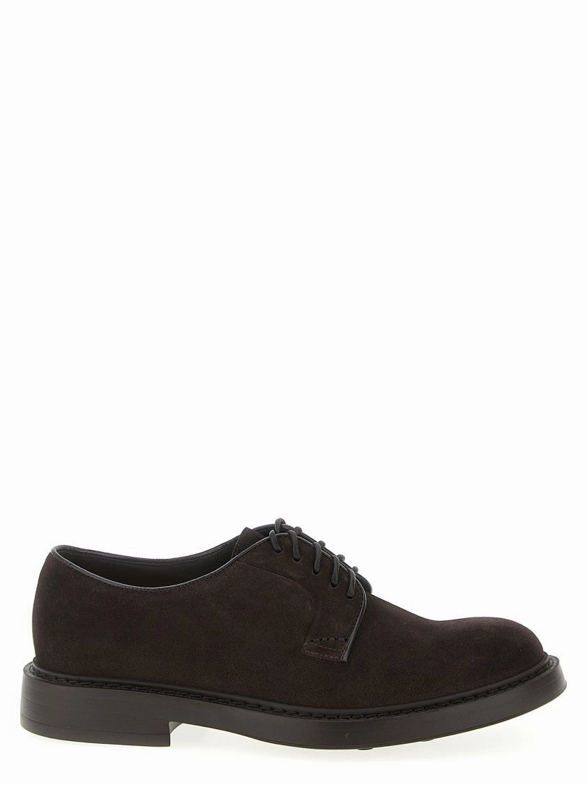 Brown Suede Derby Shoes With Blake Construction Contrast Stitch