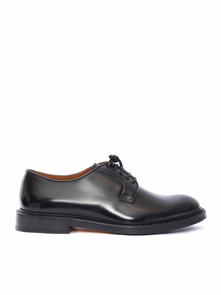 Stacked Heel Polished Derby Shoes In Smooth Black Calf Leather
