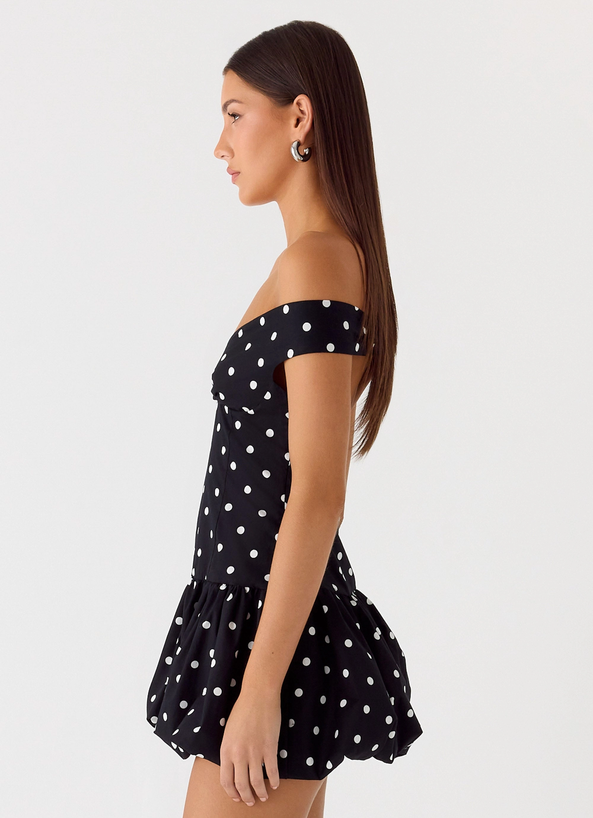 Anti-bacterial Crinkle Effect Endless Romance Off Shoulder Mini Dress - Black Polkadot