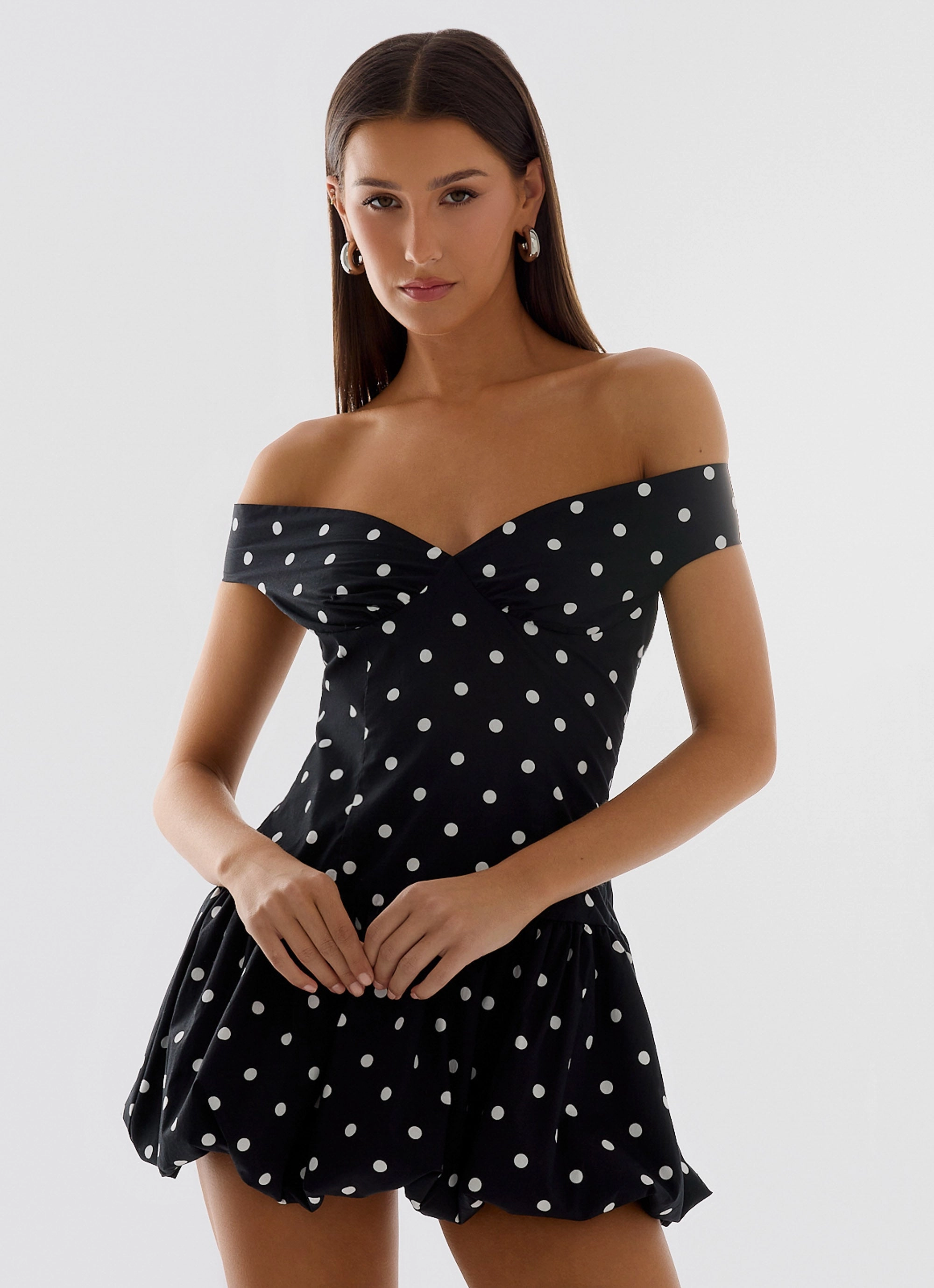 Smart Blend Endless Romance Off Shoulder Mini Dress - Black Polkadot