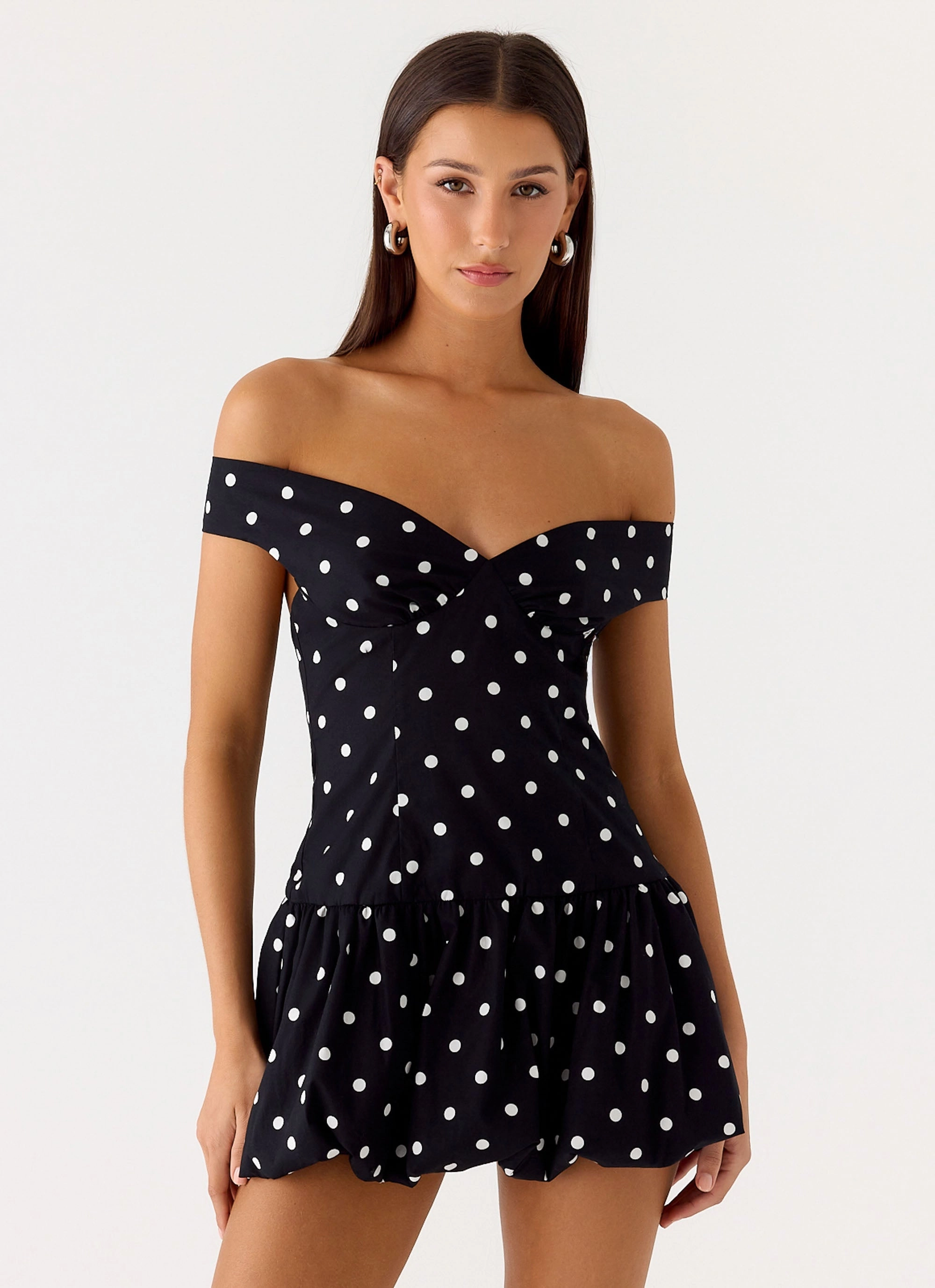 Luxe Fit Classic Look Endless Romance Off Shoulder Mini Dress - Black Polkadot