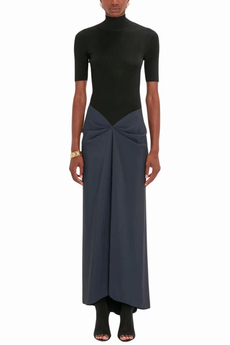 Bohemian style Modern Waist Design Polo Neck Gathered Dress