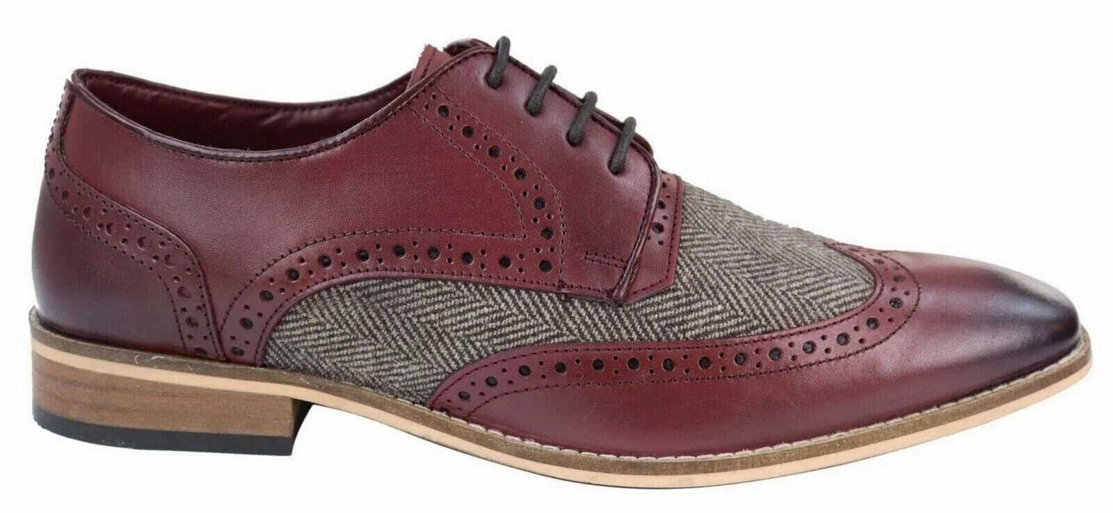 Mens Classic Oxford Tweed Brogue Derby Shoes in Burgundy Leather Work Day Style Reinforced Eyelet Durability
