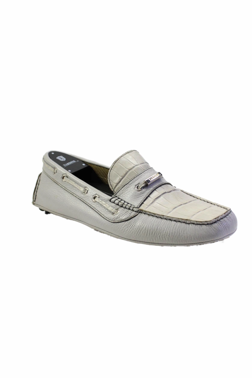 Light Balance Tardini Mens Italian Leather Alligator Skin Slip On Driver Moccasins Gray