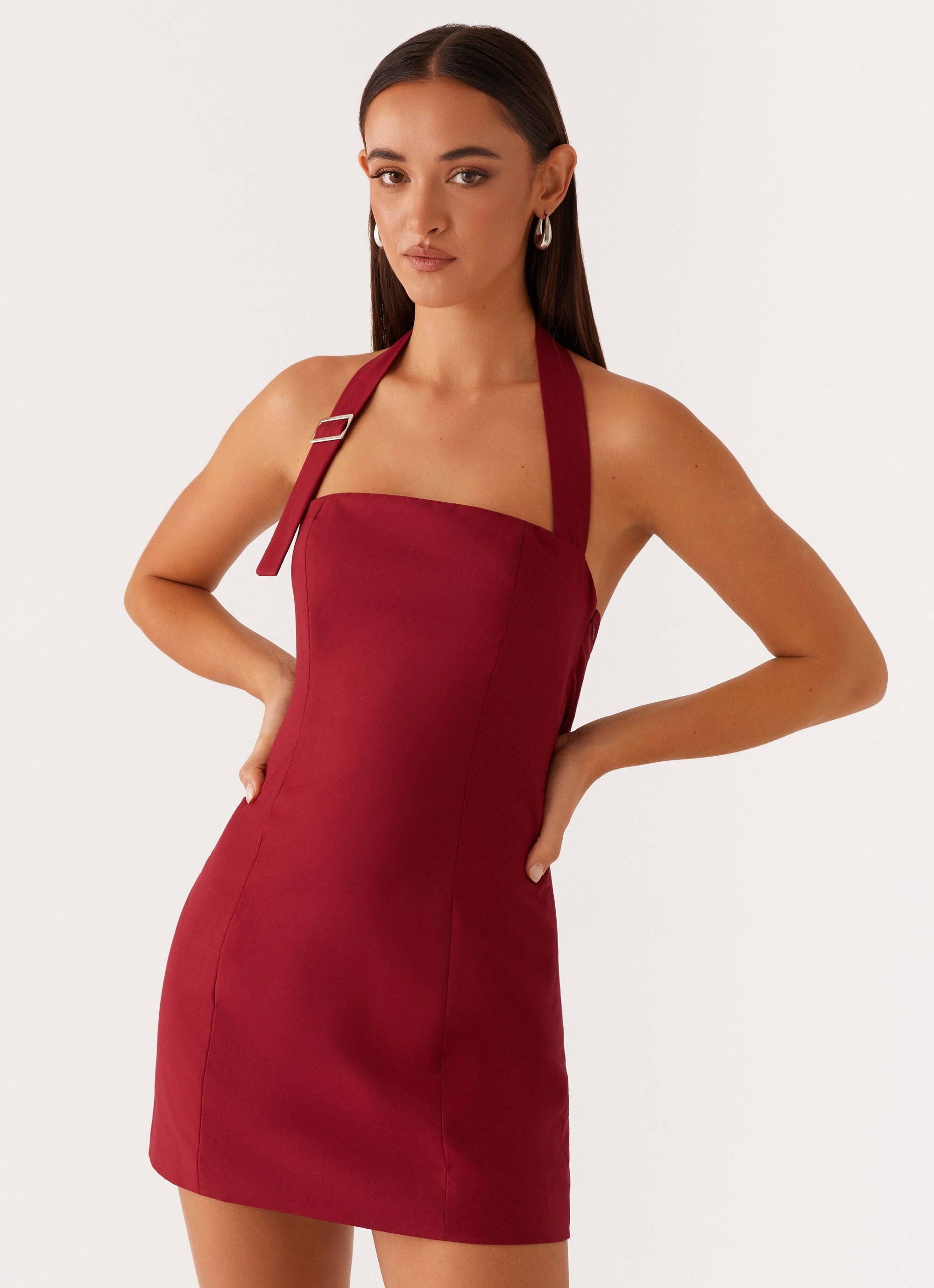 Premium Fabric Light Shape Bianca Halter Dress - Red