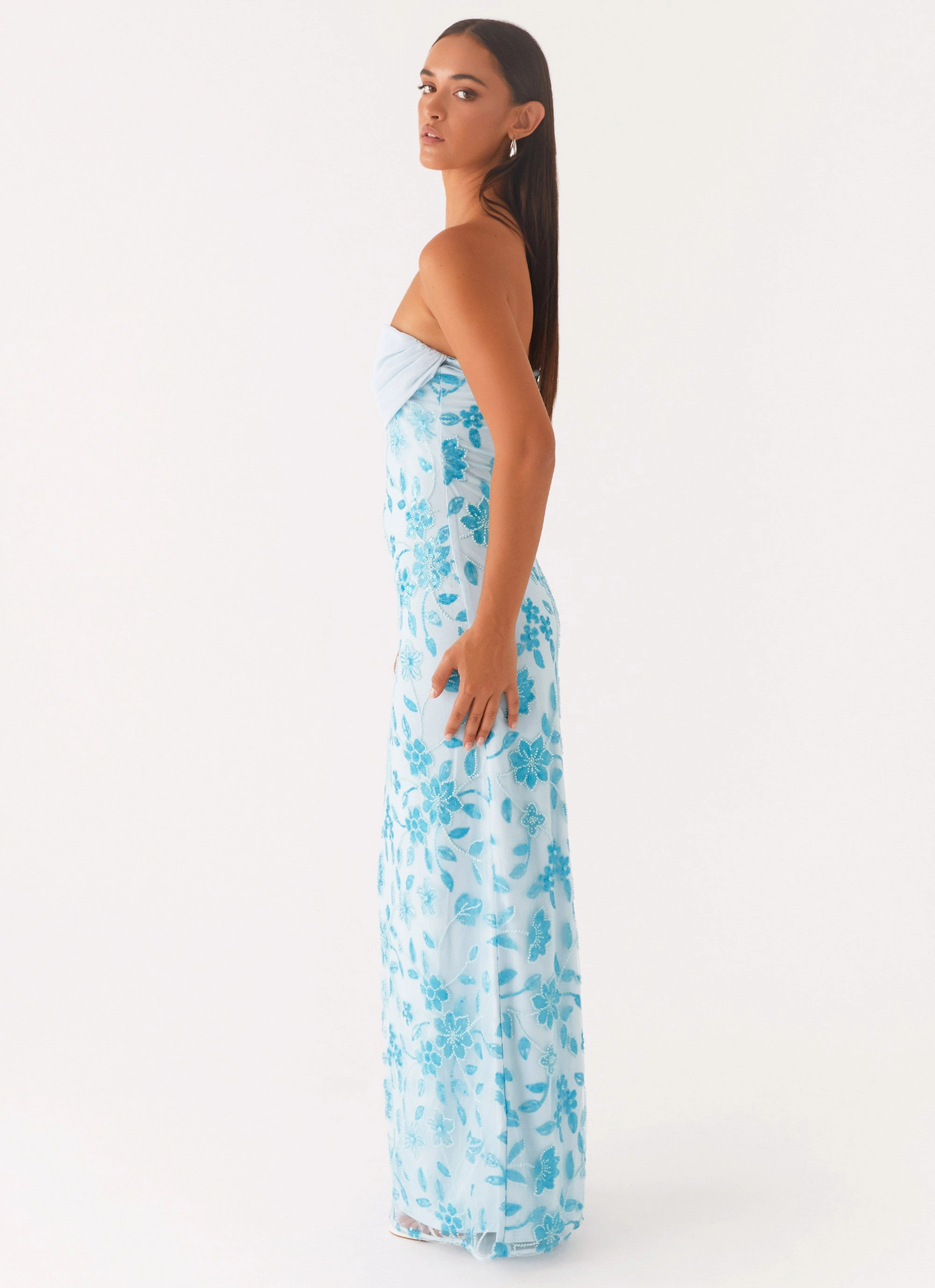 Sleek Presence Breathable-Lining Prism Beaded Maxi Dress - Blue