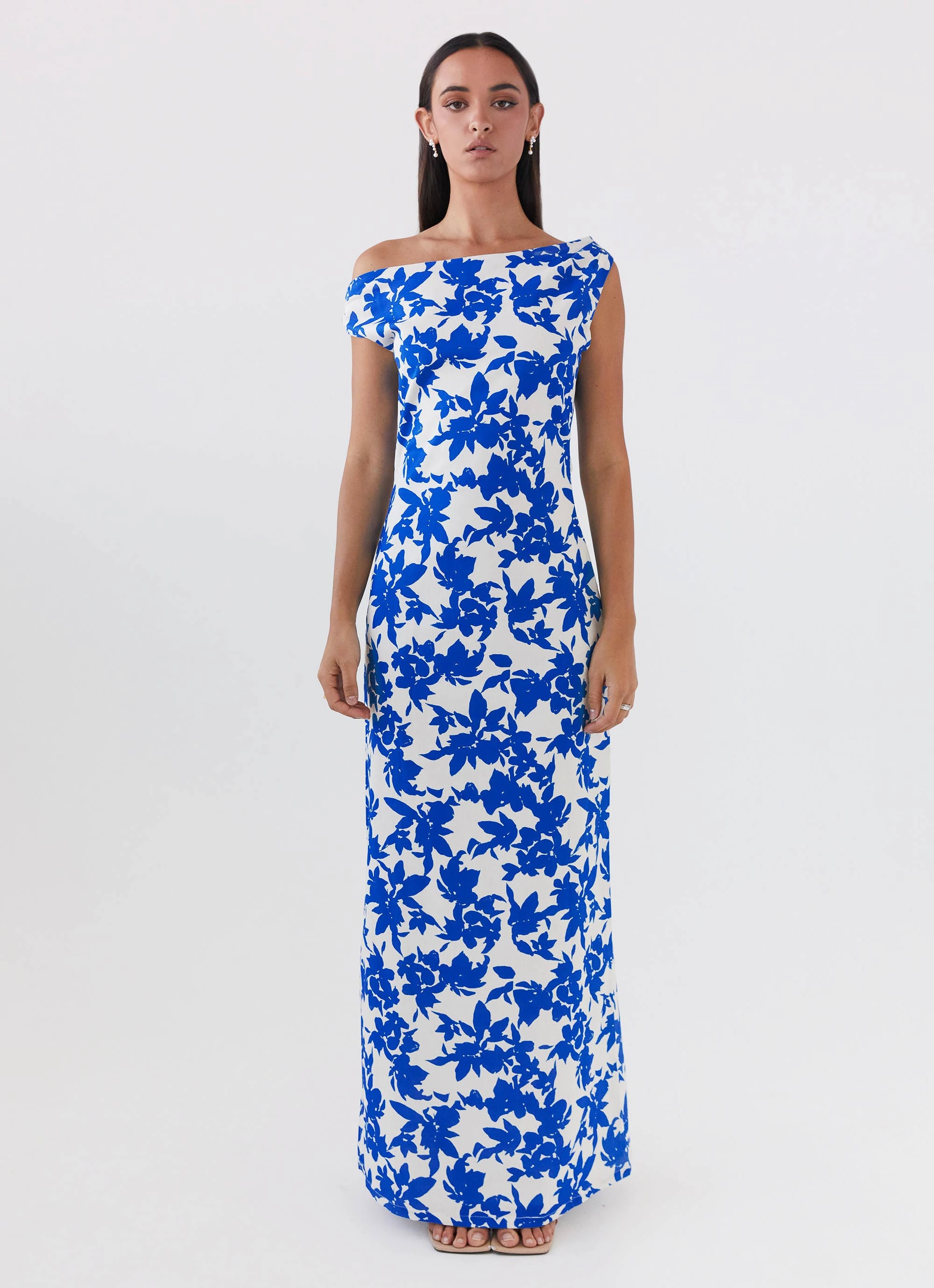 Pyper Off Shoulder Maxi Dress - Blue Floral Feminine Energy