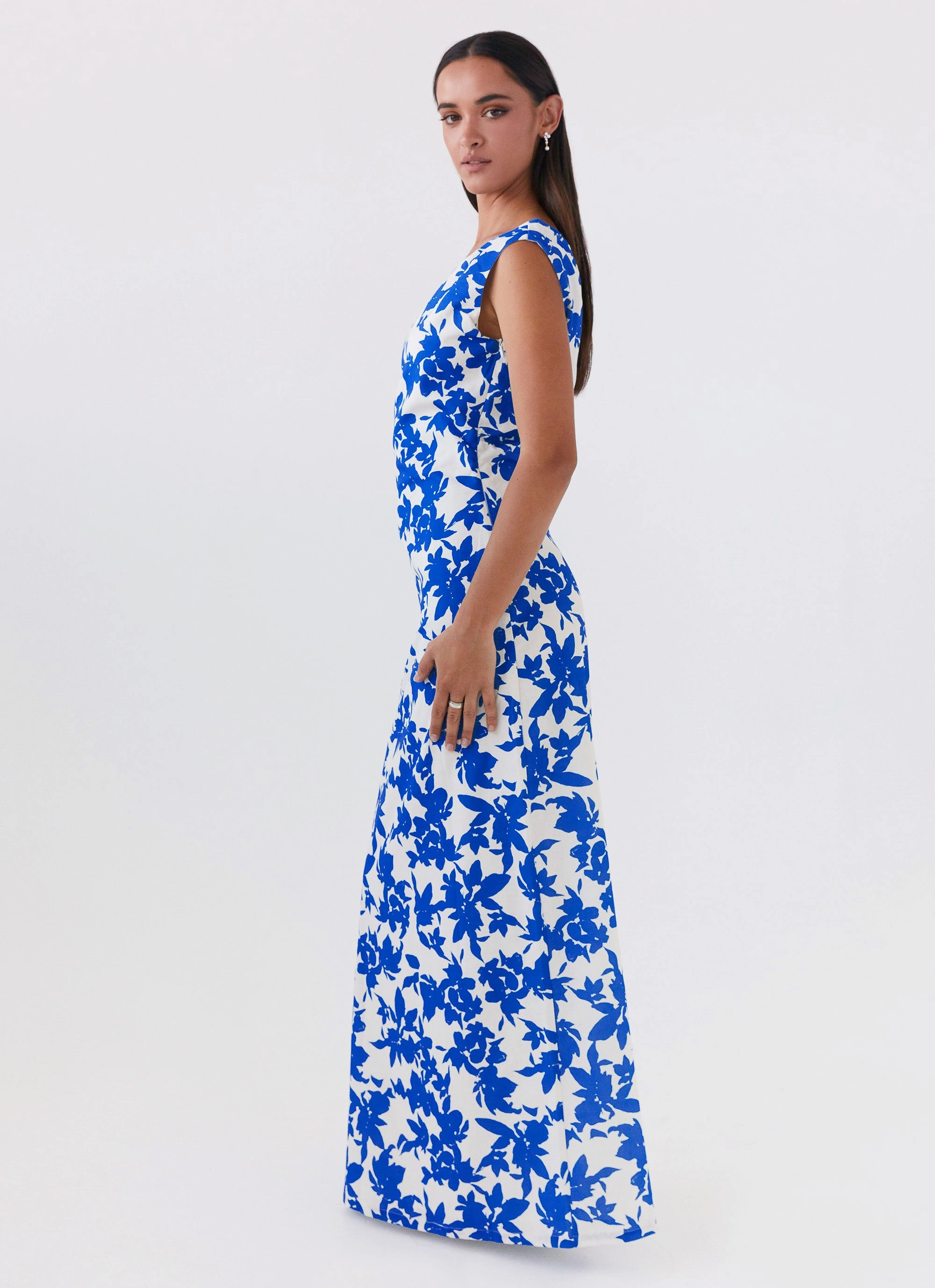 Pyper Off Shoulder Maxi Dress - Blue Floral Jewel-Tone