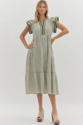 Flattering Look Wear Perfect Layering Textured Stripe Pattern Tiered Ruffle Flutter Sleeve Dress