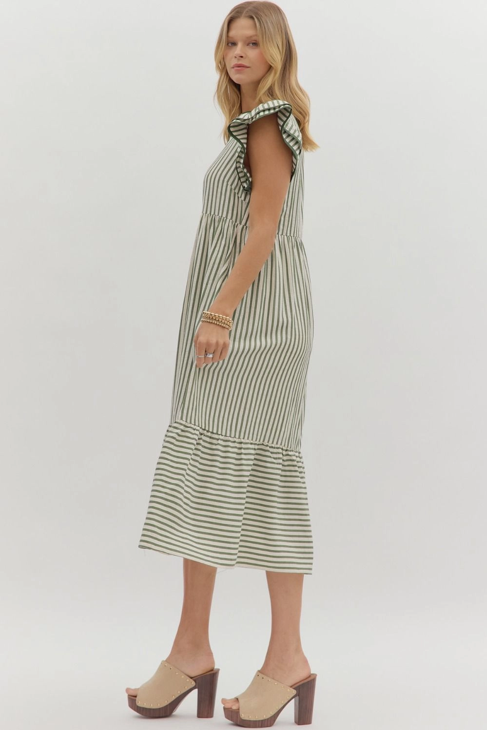 perfect for events Textured Stripe Pattern Tiered Ruffle Flutter Sleeve Dress