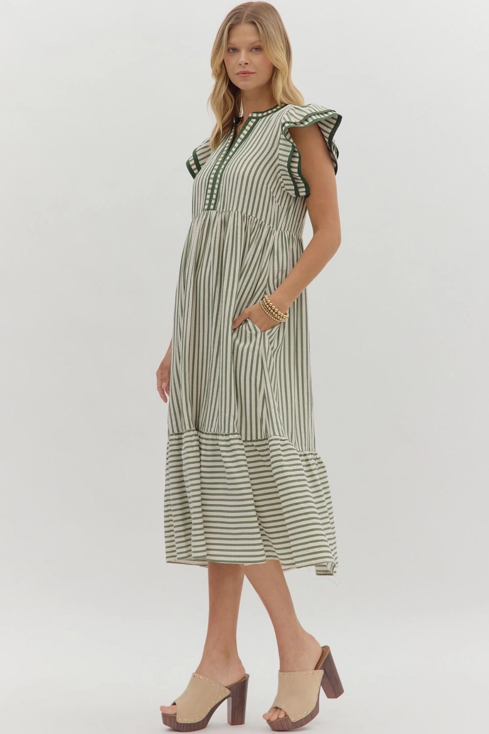 Simple Spirit Textured Stripe Pattern Tiered Ruffle Flutter Sleeve Dress