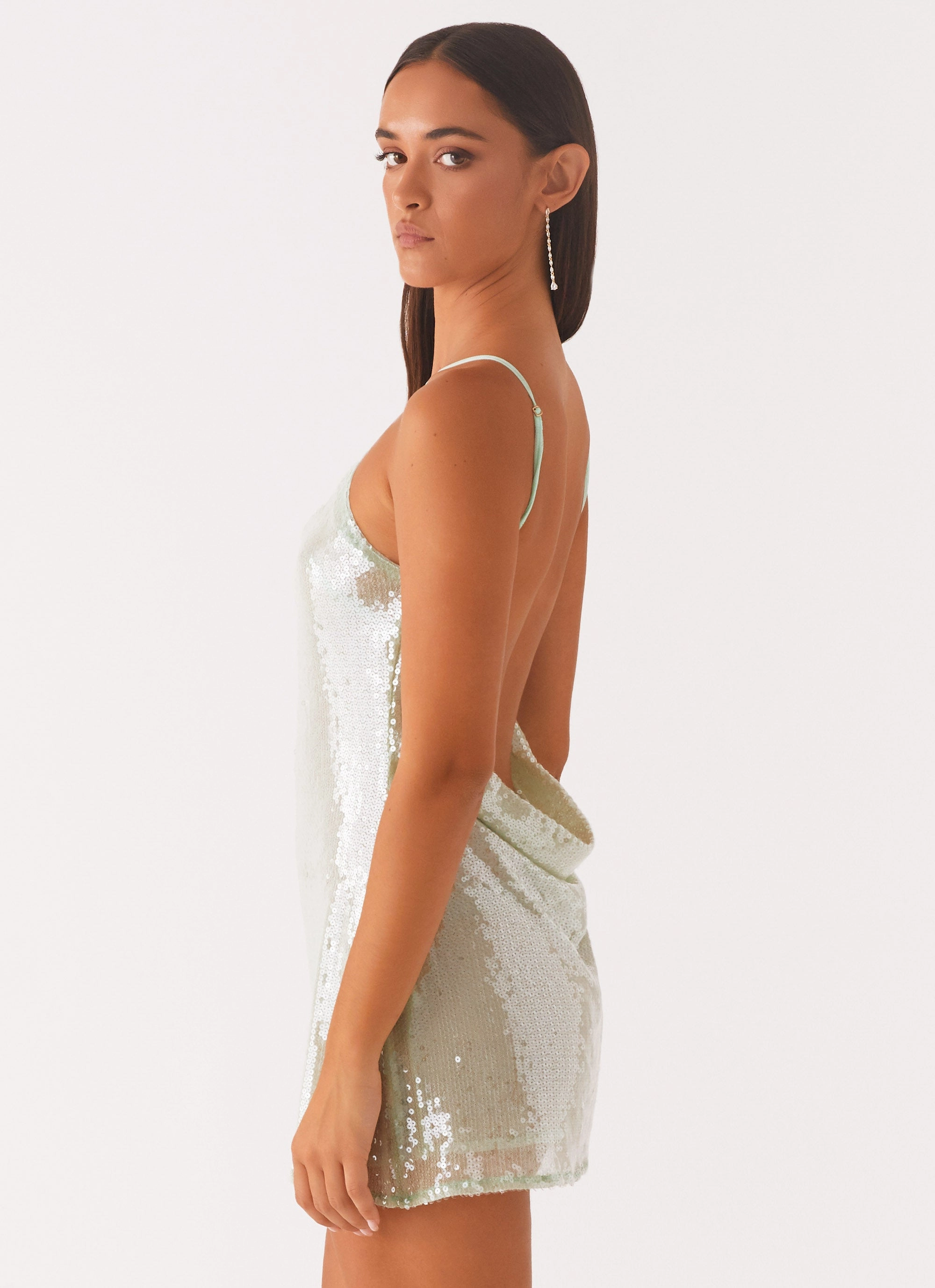 Radiant Energy Cowl Back Mini Dress - Mint Studio Style Event Mood