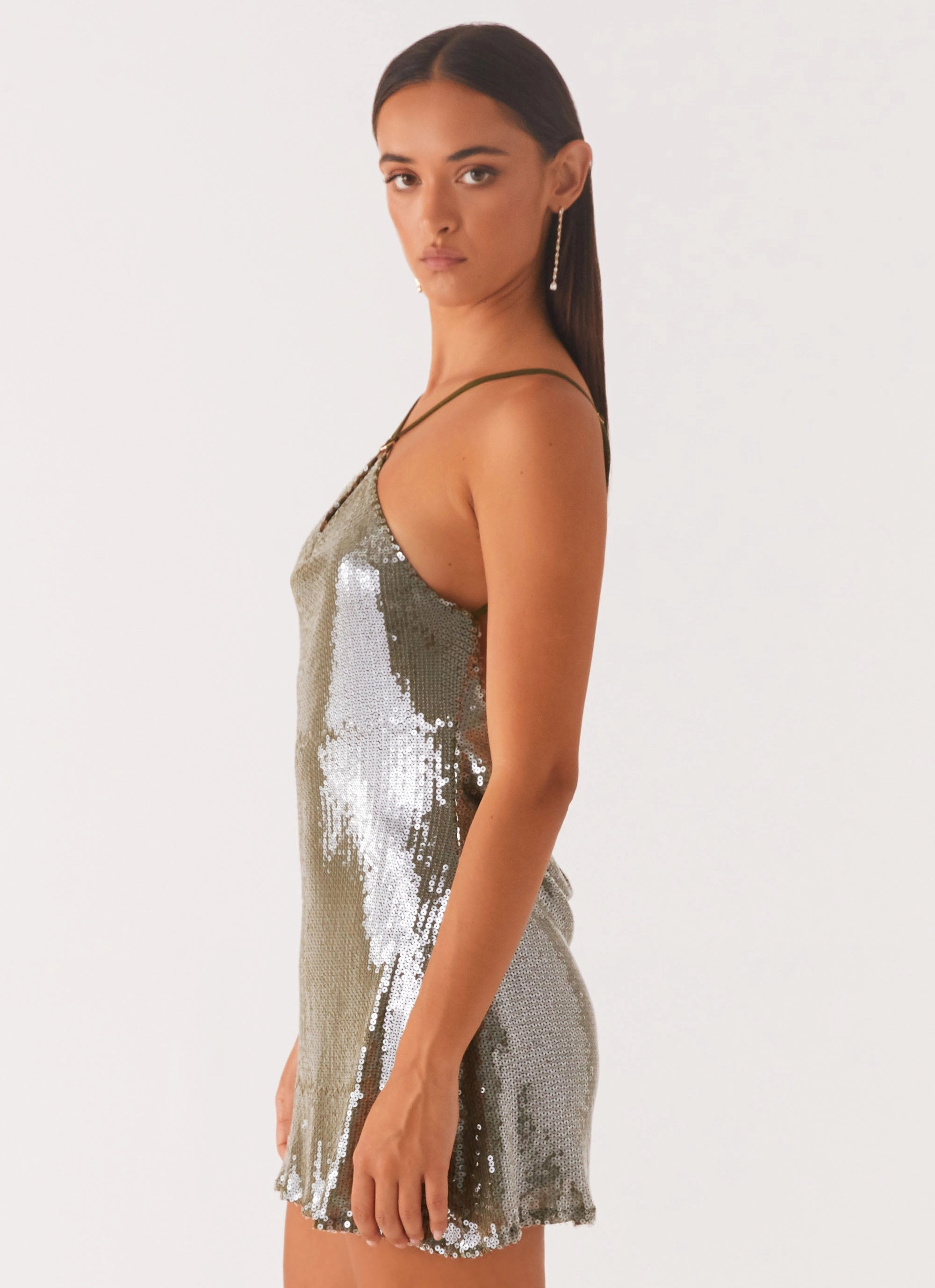 Light Layers Work Ease Radiant Energy Cowl Back Mini Dress - Olive