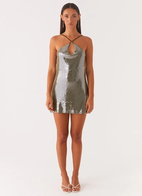 Radiant Energy Cowl Back Mini Dress - Olive Back Glow Dance Night