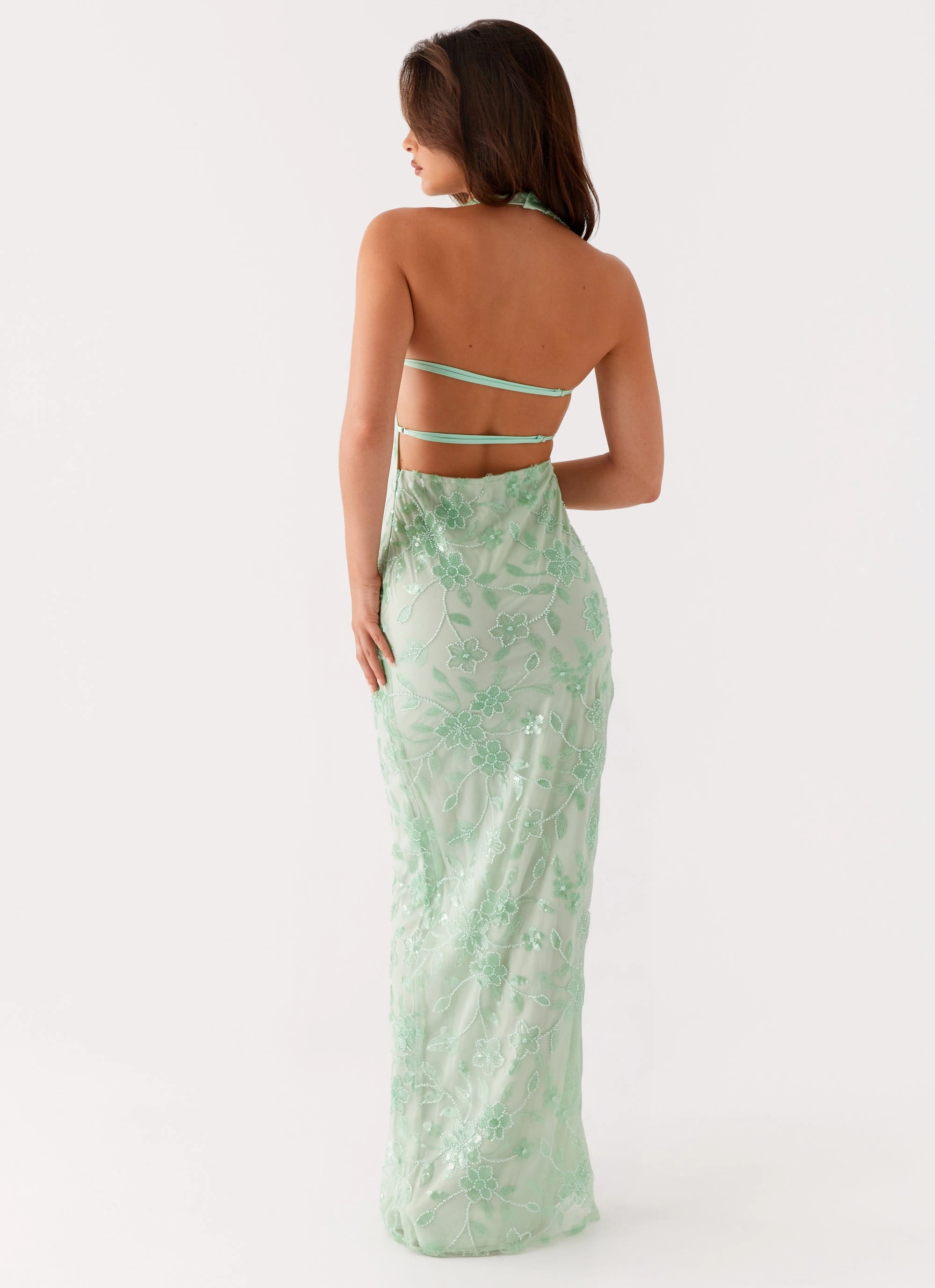 Earth-Tone Cydney Beaded Maxi Dress - Sage