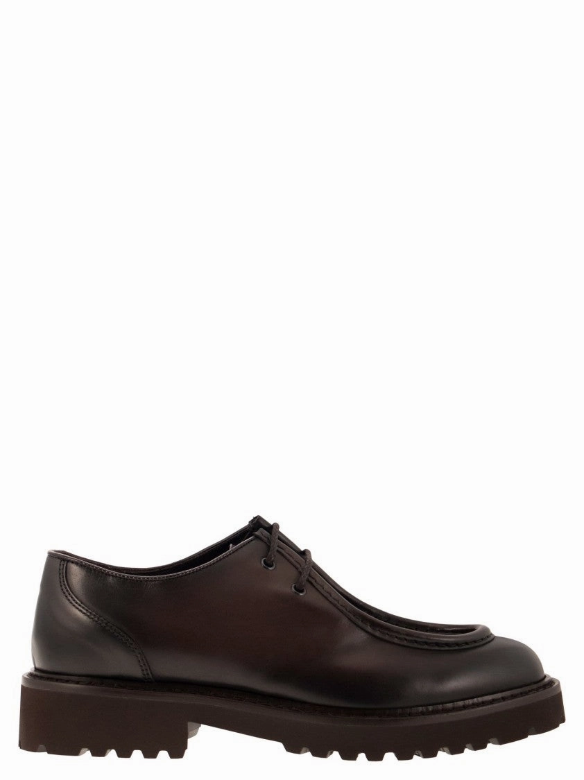 Brown Leather Lace-Up Shoe With Embossed Tray Stitching British Style Power Walk