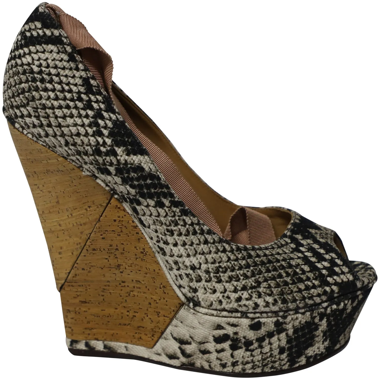 Lanvin Ribbon Strap Wood Wedge Peep-toe Sandals in Phyton Print Leather Airflow Ventilation