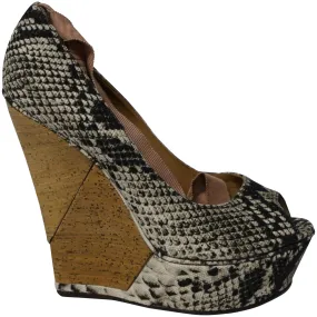 Lanvin Ribbon Strap Wood Wedge Peep-toe Sandals in Phyton Print Leather Airflow Ventilation