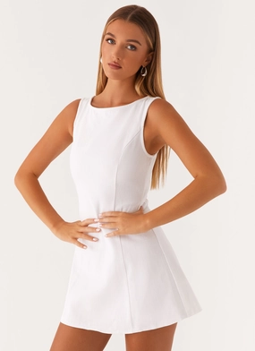 Rochelle Denim Mini Dress - White Romantic-Detail Statement Look