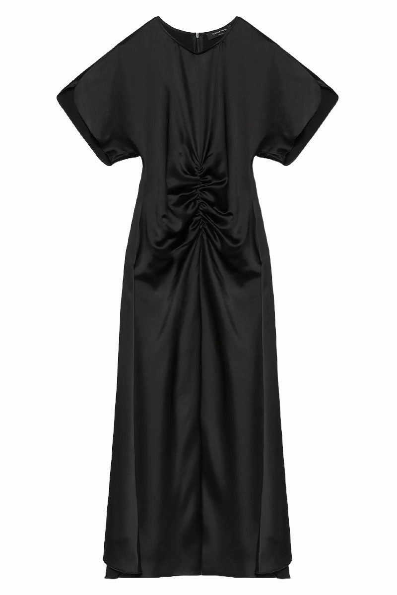 Velvet-Edge Ruched Satin Dress