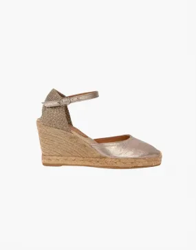 Women's High Mary Jane Metallic Leather Espadrilles In Pewter Mid Heel Ergonomic Design