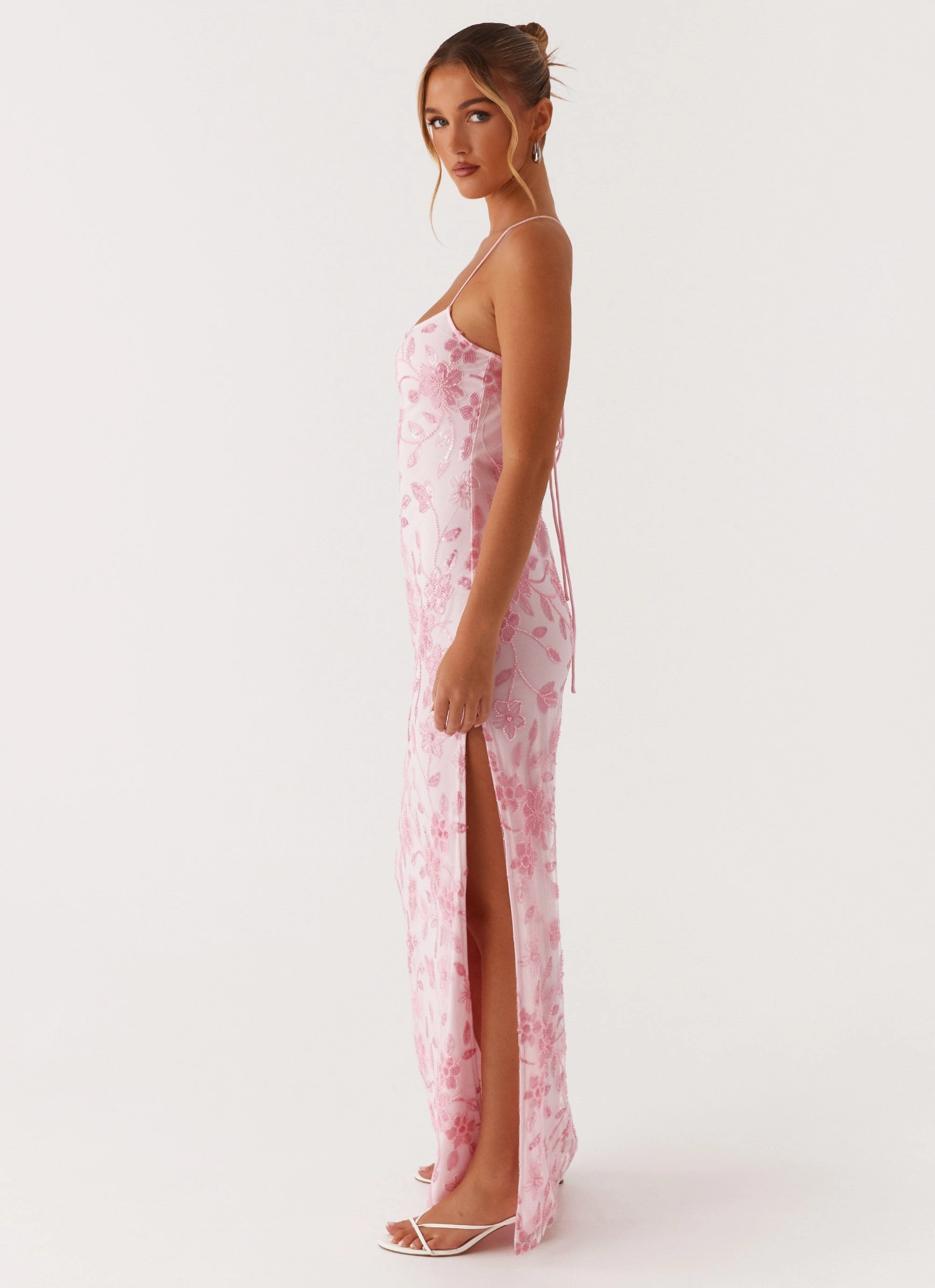 Bright Lights Beaded Maxi Dress - Pink Sleeveless Cut