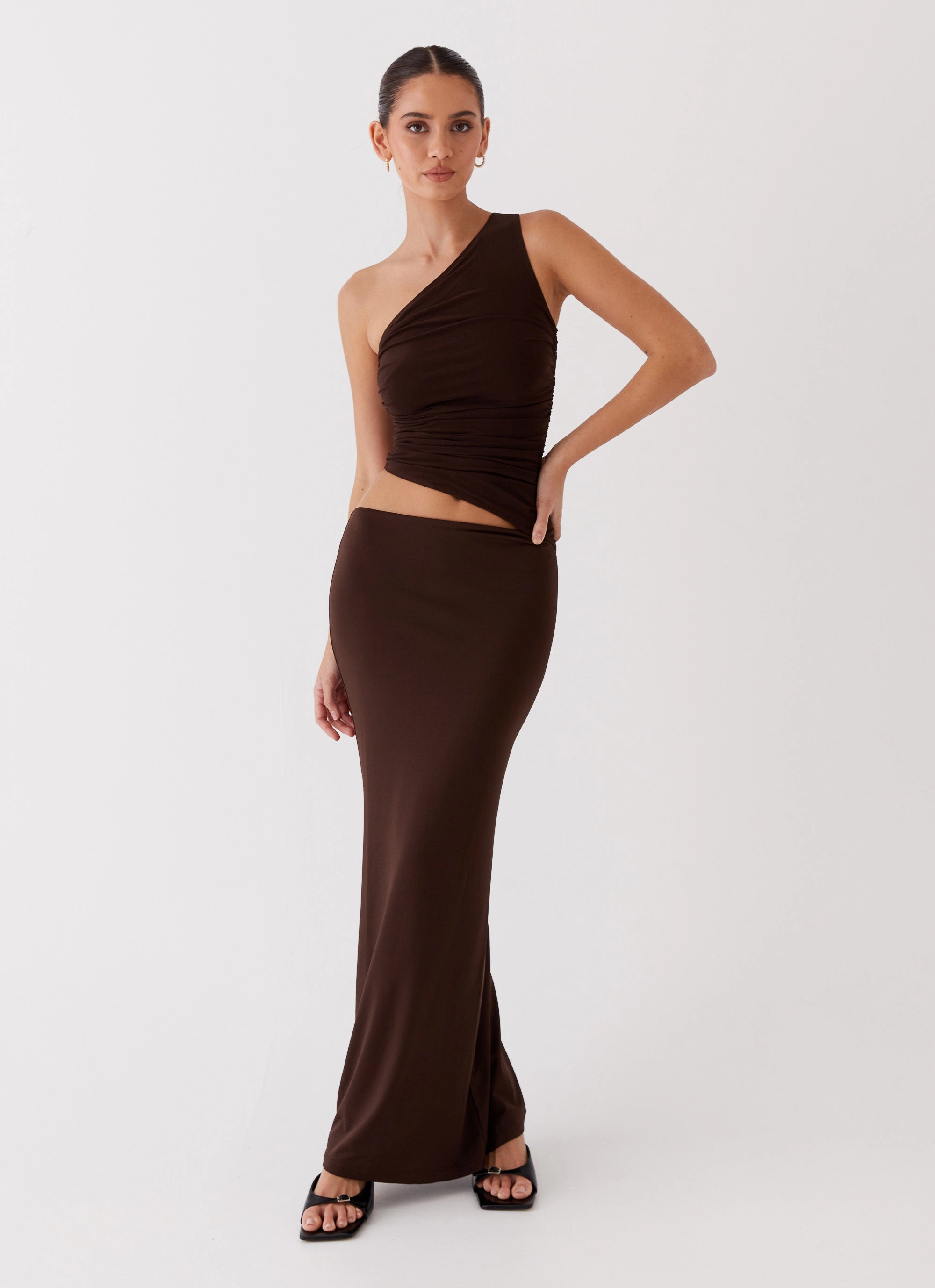 Church Proper Linen Soft Seranella One Shoulder Maxi Dress - Chocolate