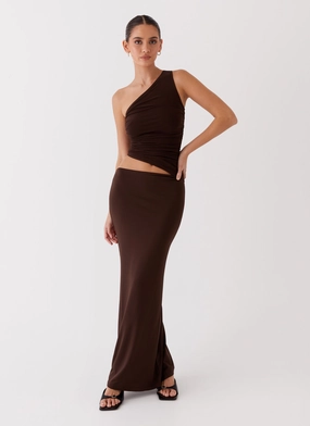 Church Proper Linen Soft Seranella One Shoulder Maxi Dress - Chocolate