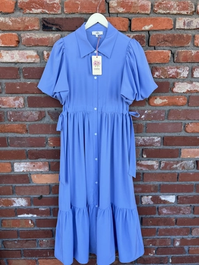 Shirt Collar Button Closure Short Bubble Sleeve Midi Dress Light Layers Texture Flow