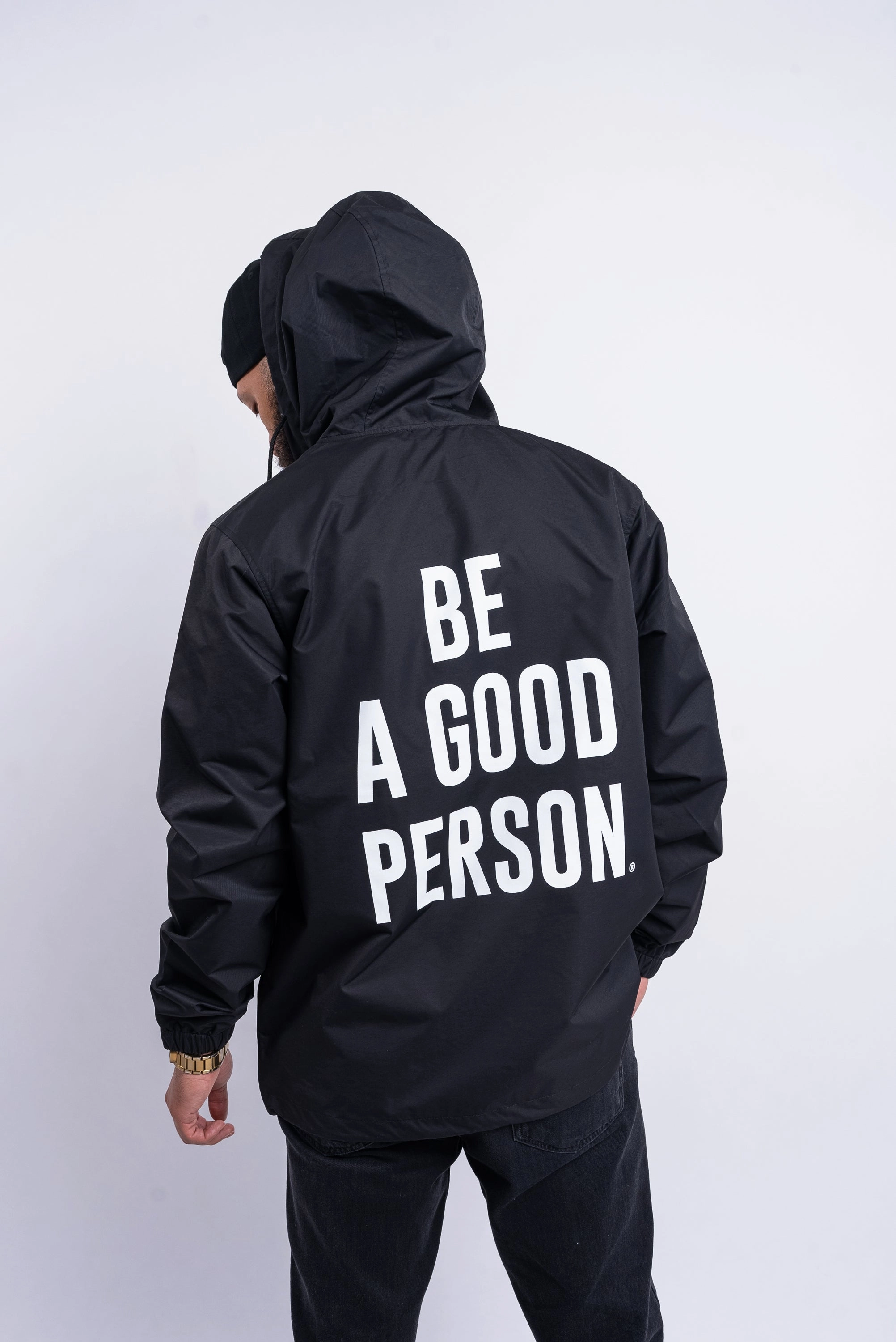 Quilted Interior Elastic Hem Adjustment Signature Anorak - Black