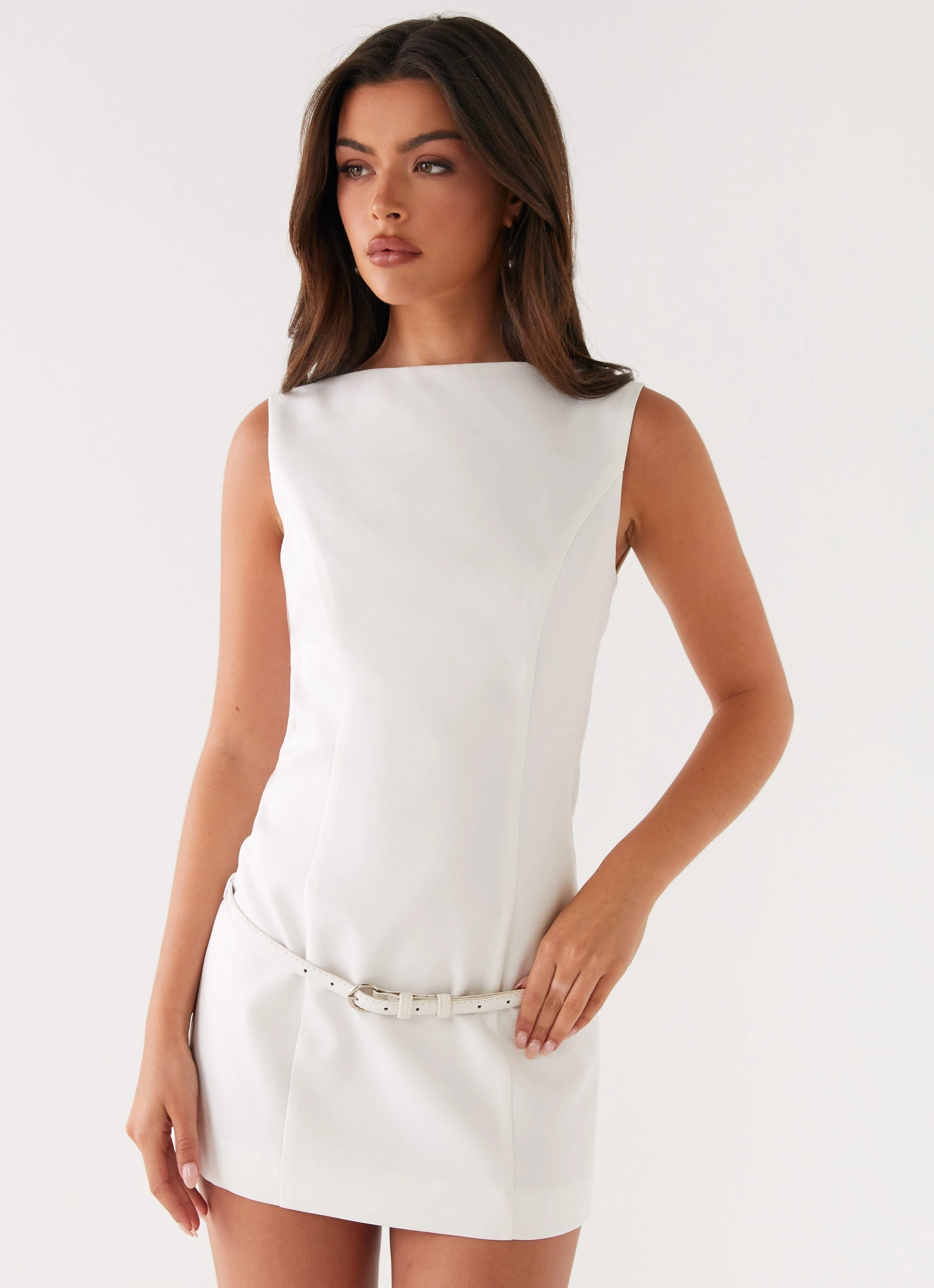 Jaci Mini Dress - White Sophisticated Waistband Fit Office Layer