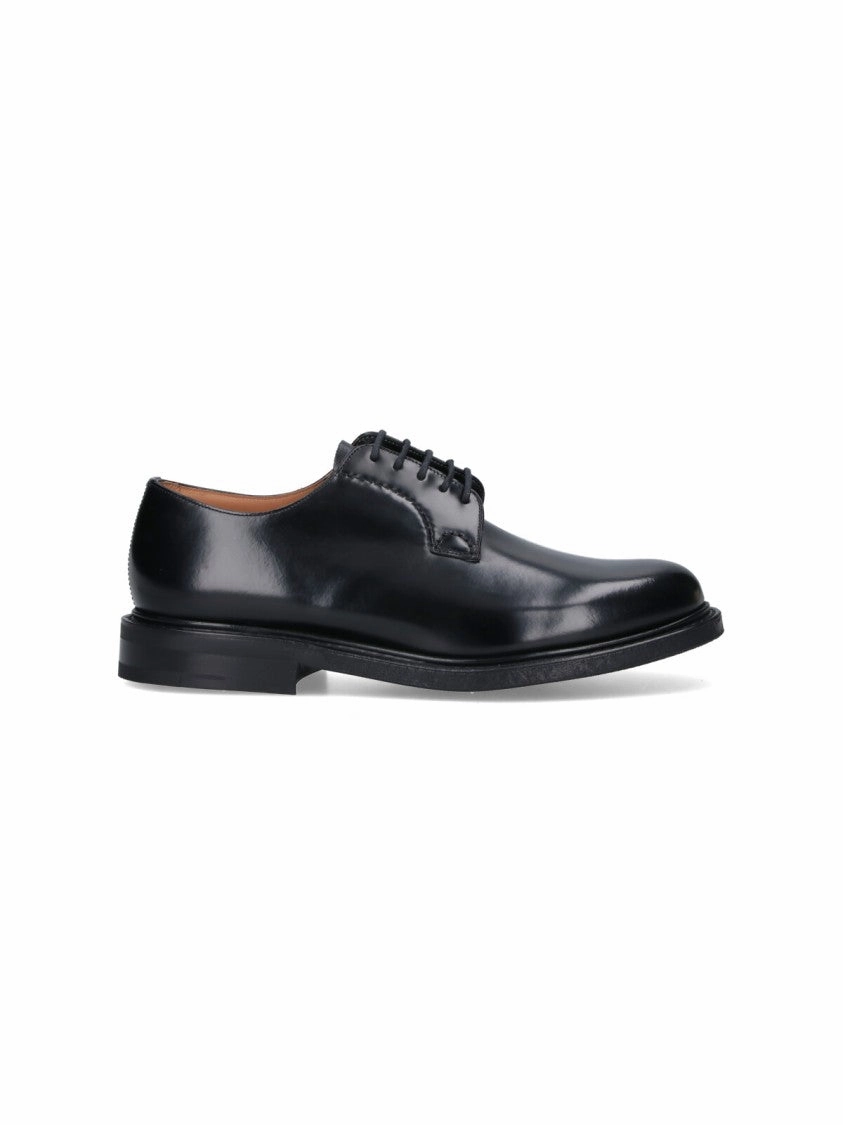 Cross Team Modern Trim Polished Black Leather Derby Shoes With Rounded Toe